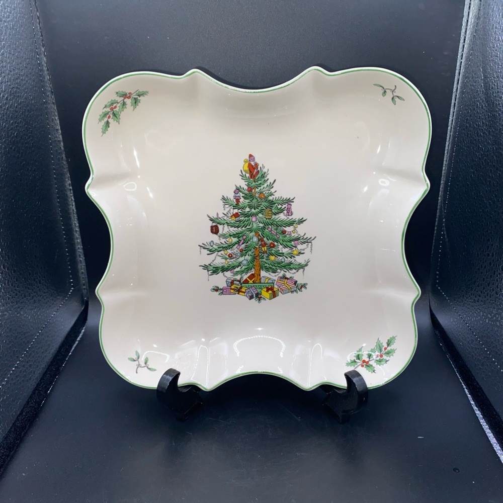 Spode Christmas Tree Square Serving Platter Scalloped Edge Holiday Dish England